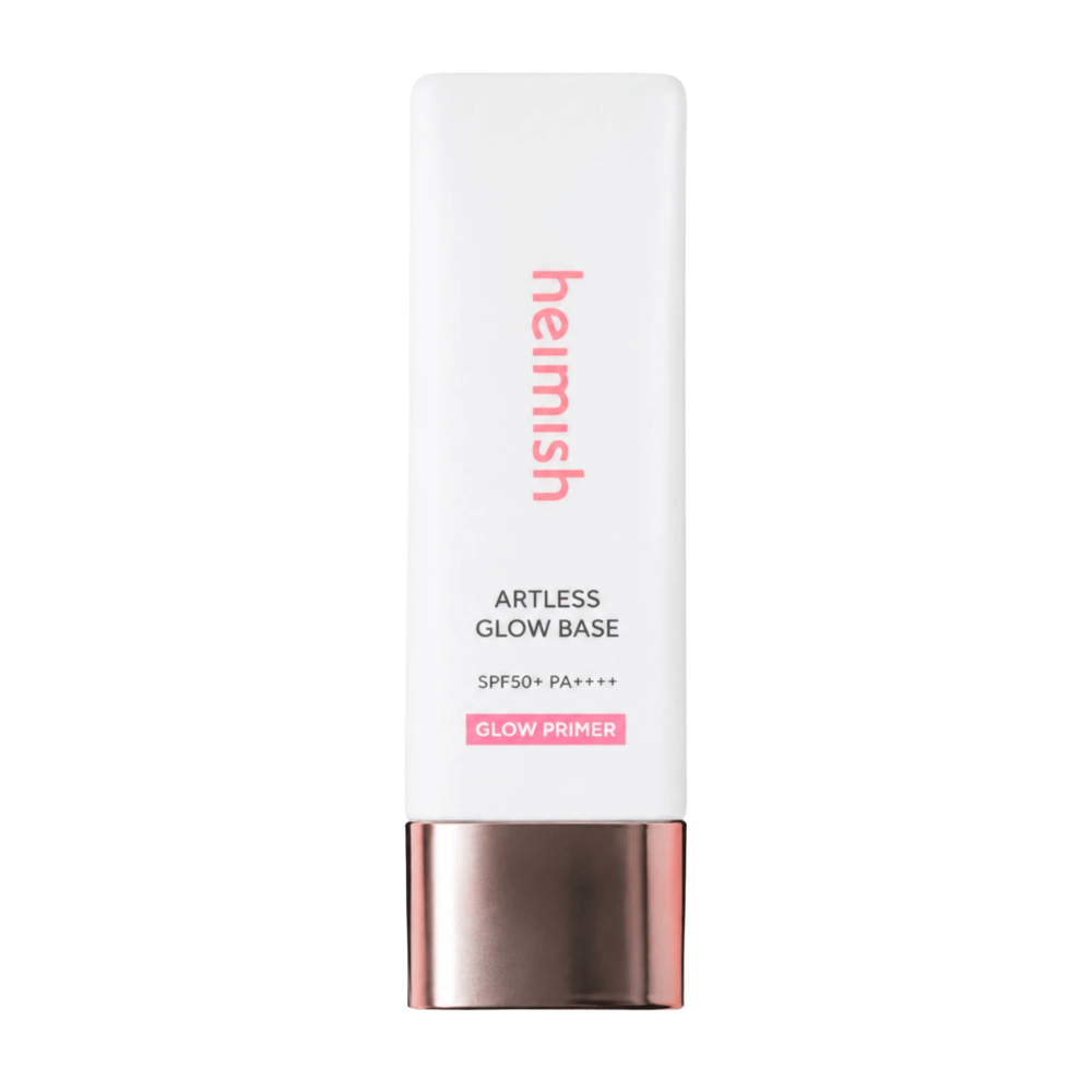 Heimish Artless Glow Base SPF50+ PA++++ – glow coreano primer e protetor solar em embalagem branca com tampa em ouro rosa.