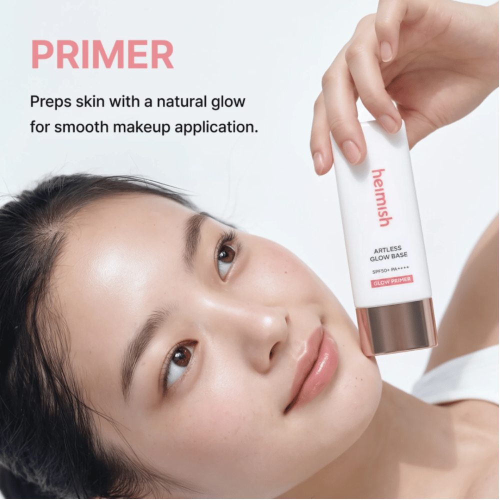 Heimish Artless Glow Base SPF50+ PA++++ é usado como primer antes da maquilhagem para uma base uniforme com luminosidade natural.