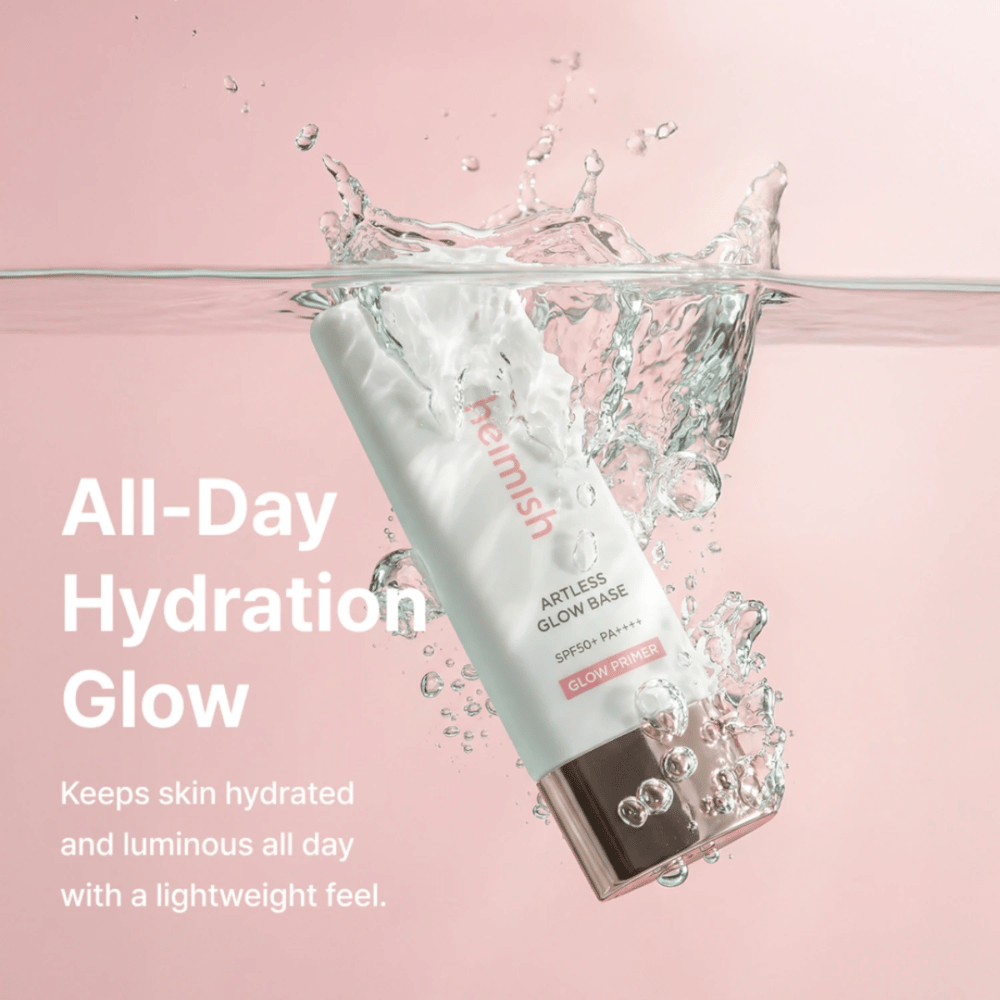 Heimish Artless Glow Base SPF50+ PA++++ – protetor solar hidratante e glow primer com fórmula leve para luminosidade durante todo o dia.