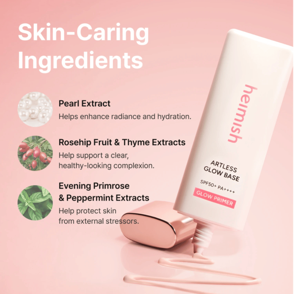 Heimish Artless Glow Base SPF50+ PA++++ com extrato de pérola, rosa mosqueta, tomilho, prímula-da-noite e hortelã-pimenta para hidratação e luminosidade.