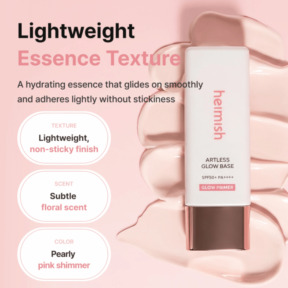 Heimish Artless Glow Base SPF50+ PA++++ – glow primer leve e hidratante com acabamento rosa nacarado sem sensação pegajosa.