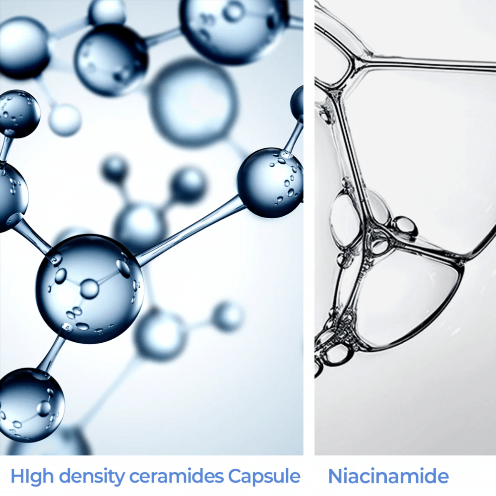 Close-up de cápsulas de ceramida de alta densidade e niacinamida – ingredientes-chave em AESTURA Atobarrier 365 Lotion.