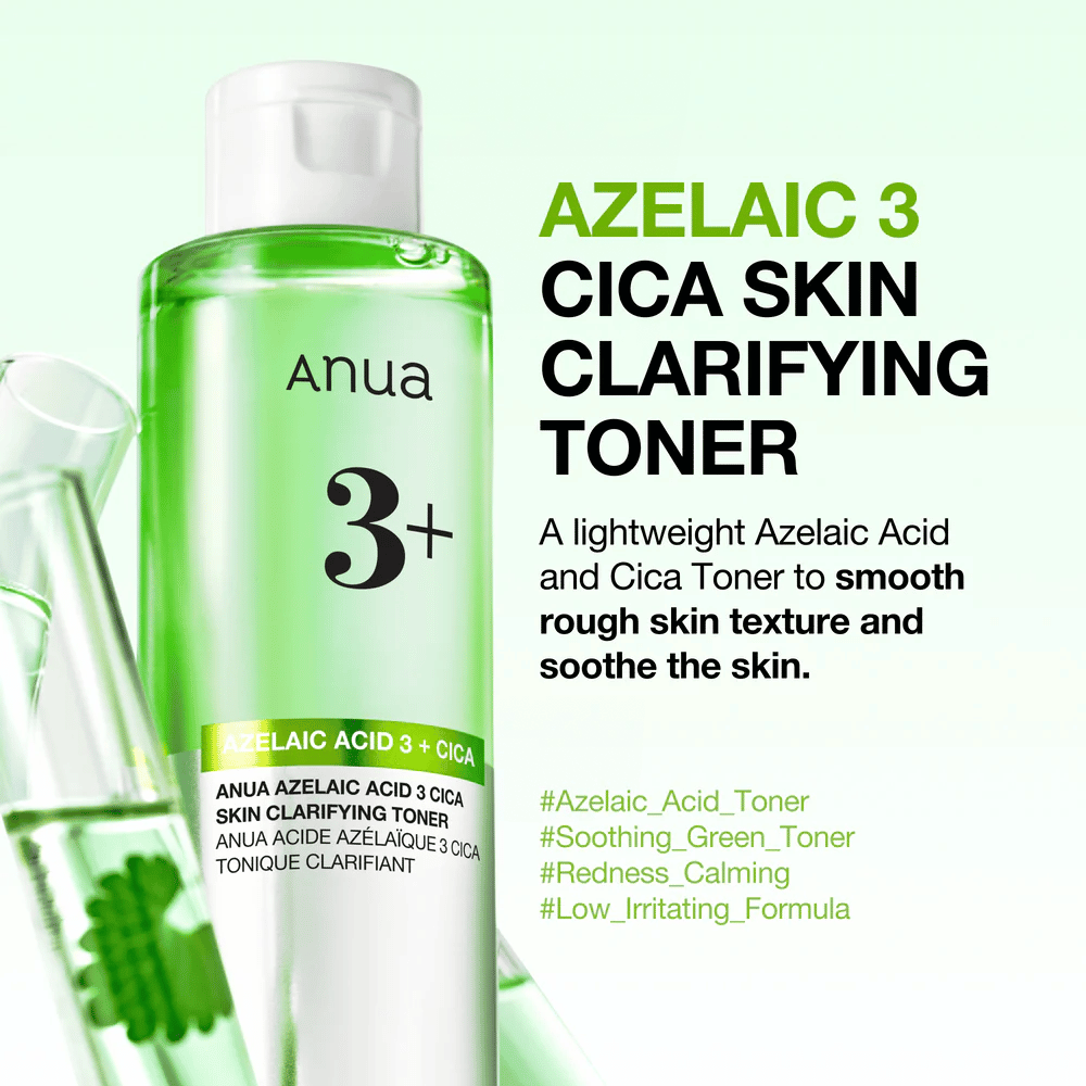 Anua Azelaic Acid 3 Cica Skin Clarifying Toner com 3 % de ácido azelaico e centella asiatica que exfolia suavemente, acalma a pele e melhora a luminosidade da pele.
