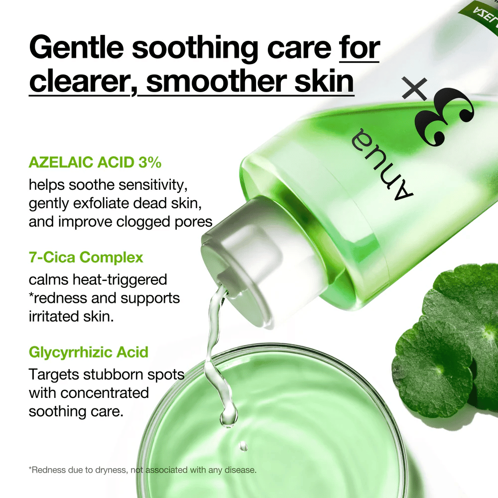 Anua Azelaic Acid 3 Cica Skin Clarifying Toner com 3 % de ácido azelaico, 7-Cica Complex e ácido glicirrízico que acalmam a pele sensível e reduzem a vermelhidão.