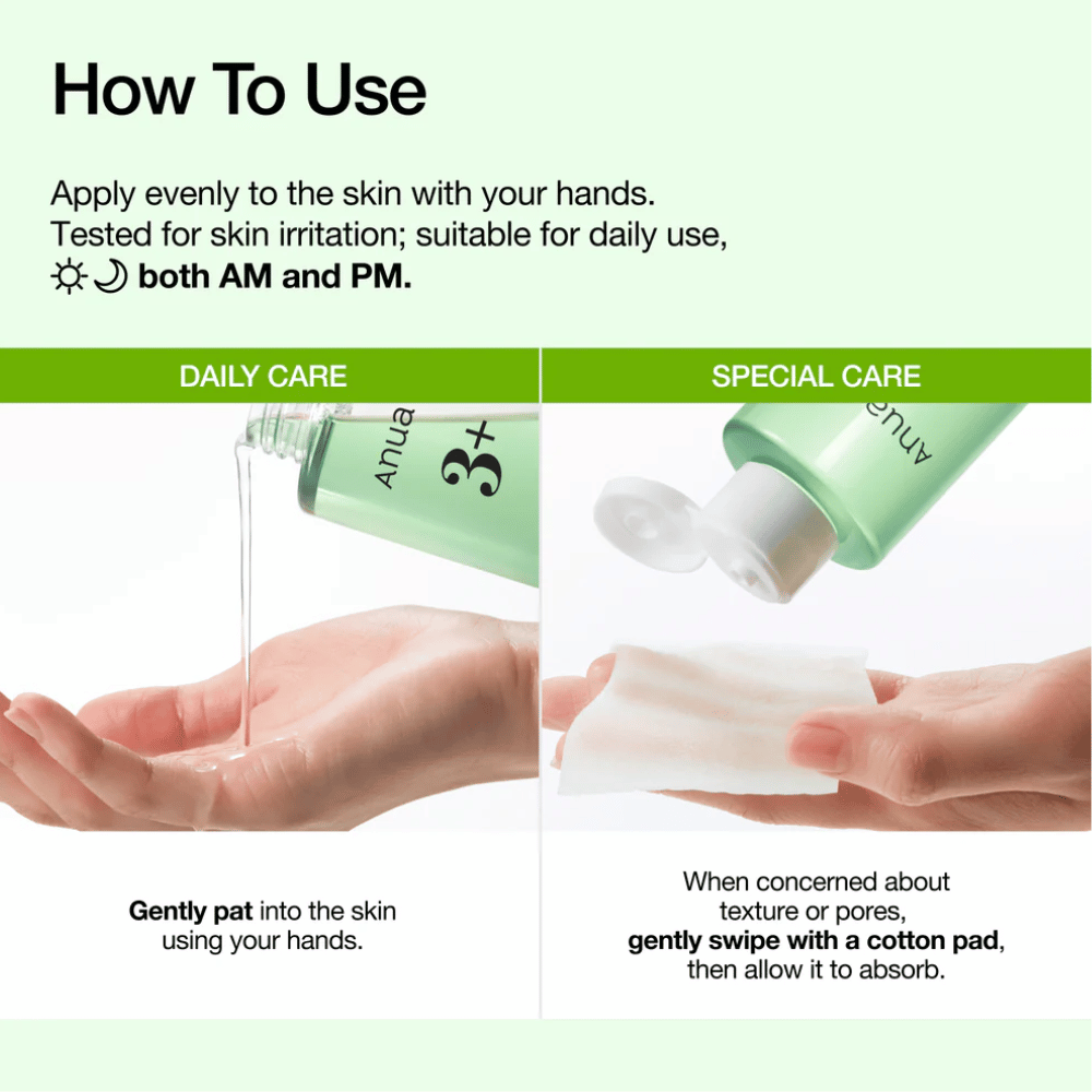 Anua Azelaic Acid 3 Cica Skin Clarifying Toner aplica-se com as mãos ou com um disco de algodão para acalmar a pele e melhorar a textura da pele.