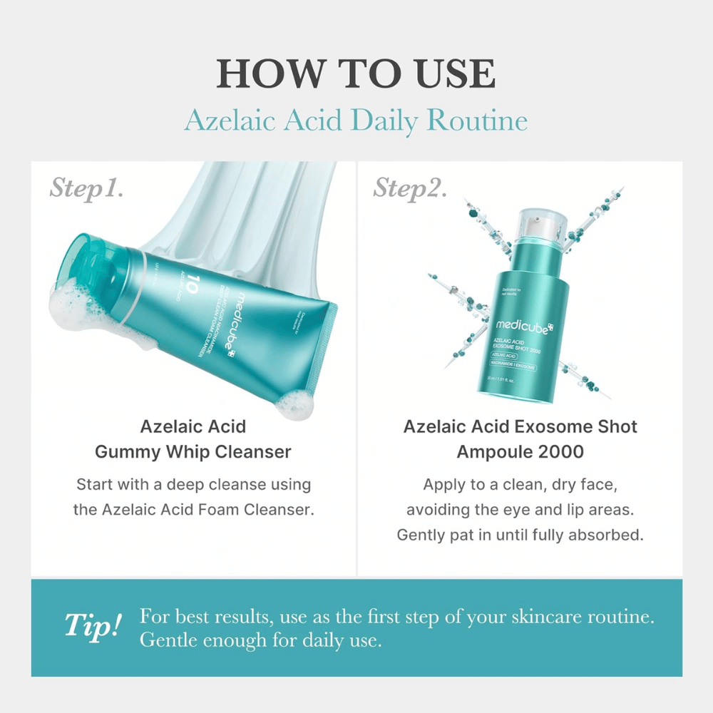 Guia passo a passo para uma rotina de cuidados de pele com ácido azelaico. Primeiro, utiliza-se um produto de limpeza com ácido azelaico para limpar a pele em profundidade, depois aplica-se Medicube Azelaic Acid Exosome Shot 2000 sobre a pele seca. A imagem salienta que o sérum é suficientemente suave para uso diário.