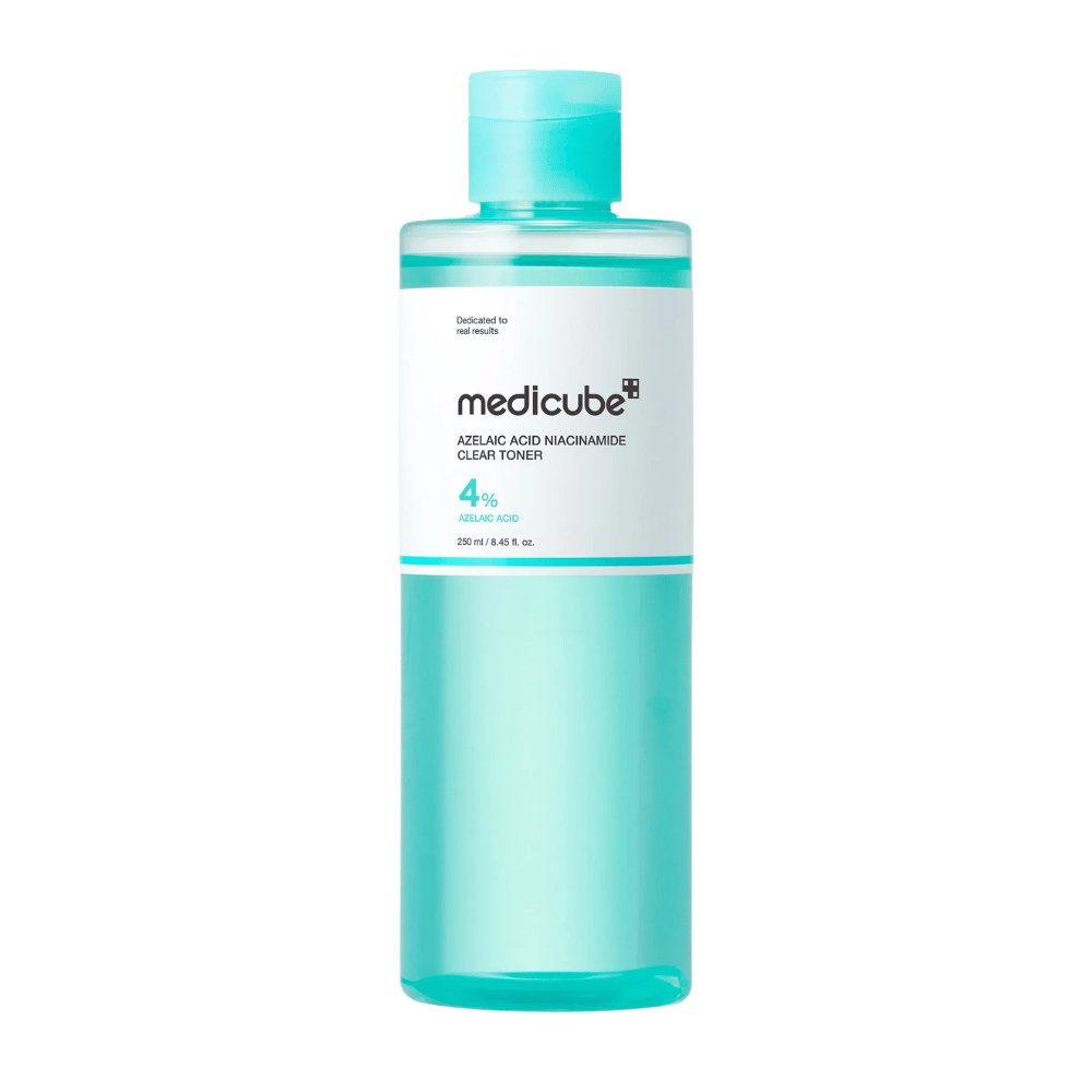 Medicube Azelaic Acid Niacinamide Clear Toner 250 ml com 4% de ácido azelaico, desenvolvido para equilibrar a pele, reduzir a oleosidade em excesso e proporcionar um tom de pele mais uniforme.