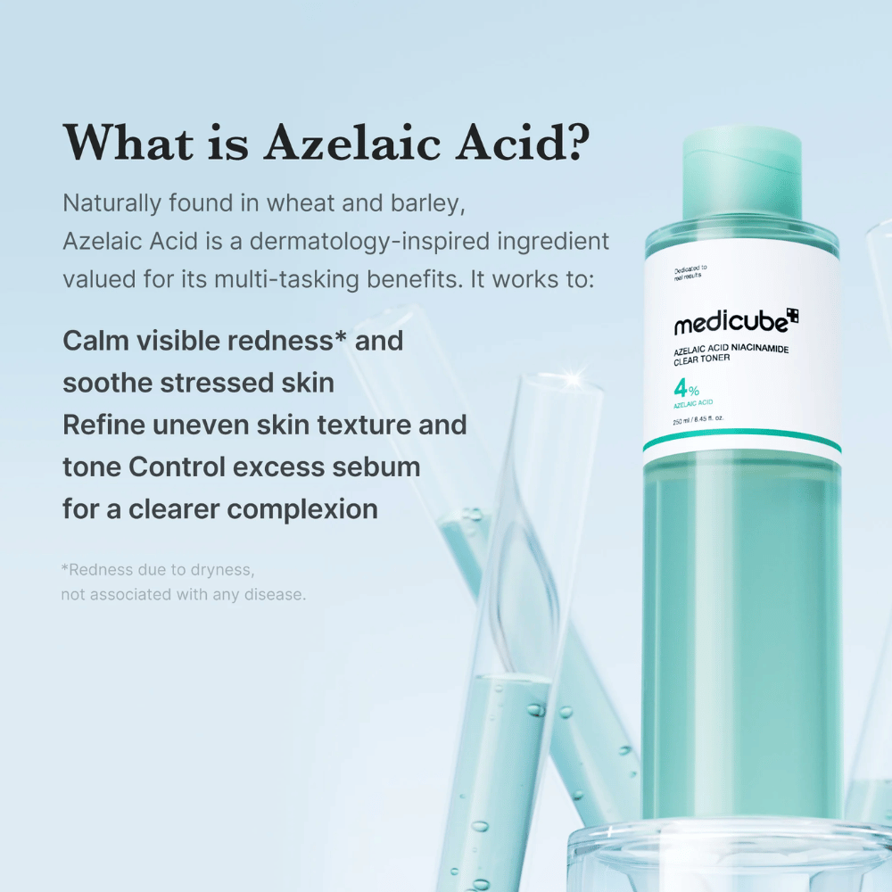 Medicube Azelaic Acid Niacinamide Clear Toner com 4% de ácido azelaico que ajuda a acalmar a vermelhidão, uniformizar o tom de pele e controlar o excesso de sebo para uma pele mais limpa.