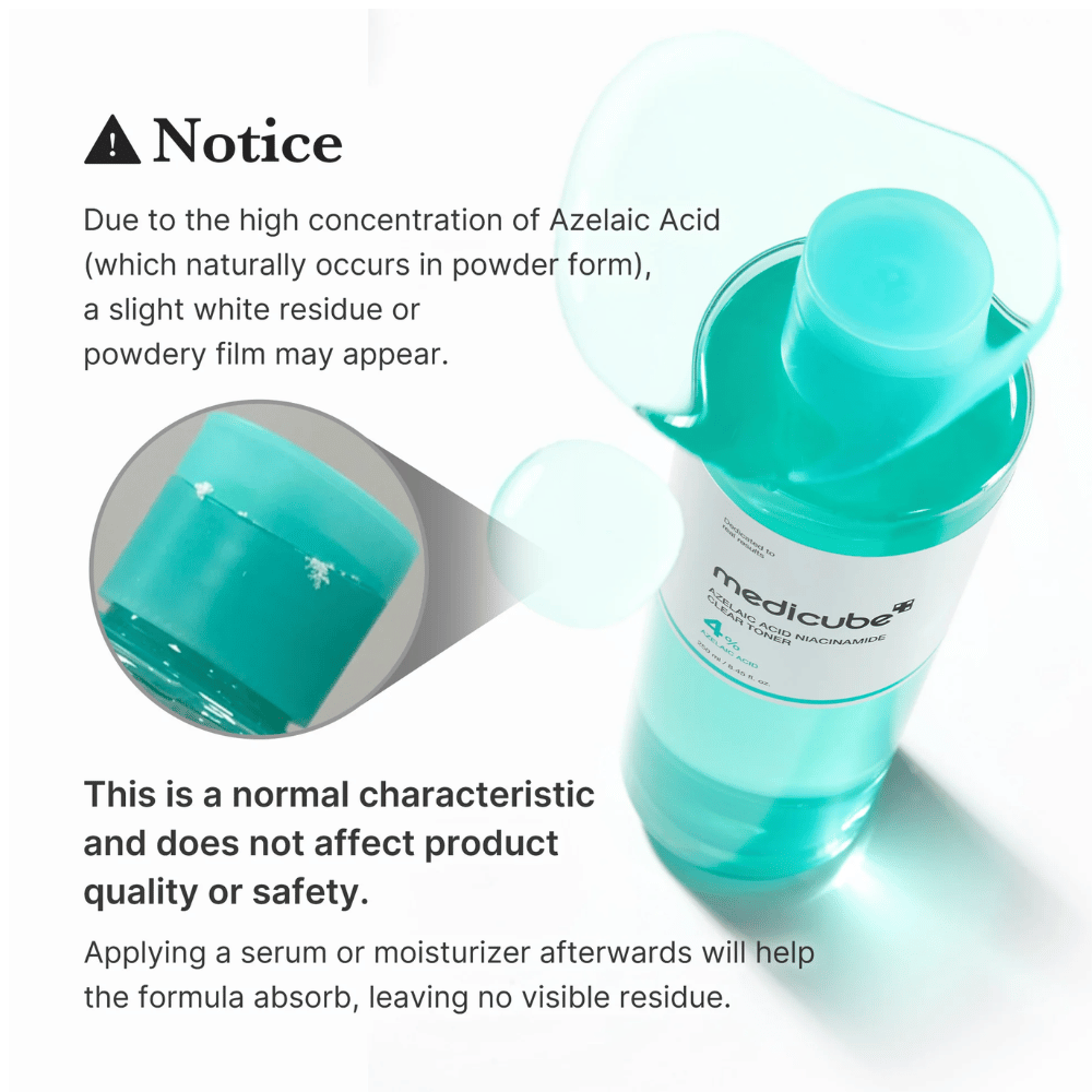 Medicube Azelaic Acid Niacinamide Clear Toner que mostra resíduos cristalinos naturais do ácido azelaico e explica que isso é normal e não afeta a qualidade nem a segurança do produto.