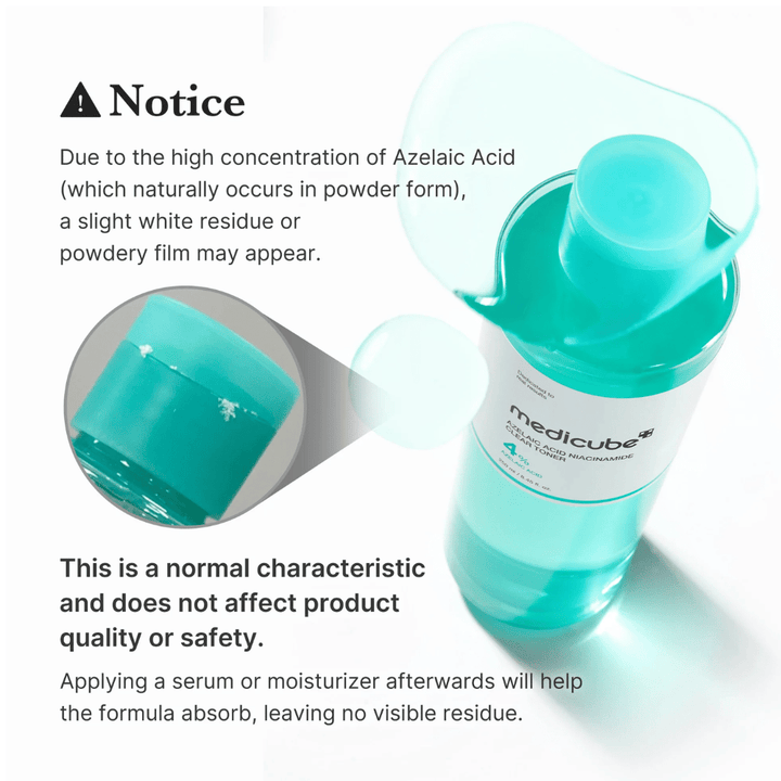Medicube Azelaic Acid Niacinamide Clear Toner que mostra resíduos cristalinos naturais do ácido azelaico e explica que isso é normal e não afeta a qualidade nem a segurança do produto.