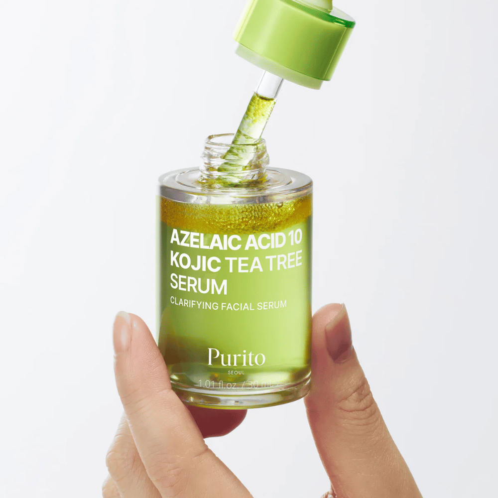 Purito Azelaic Acid 10 Kojic Tea Tree Serum – sérum leve com conta-gotas. Contém ácido azelaico, ácido kójico e tea tree para uma pele mais clara.