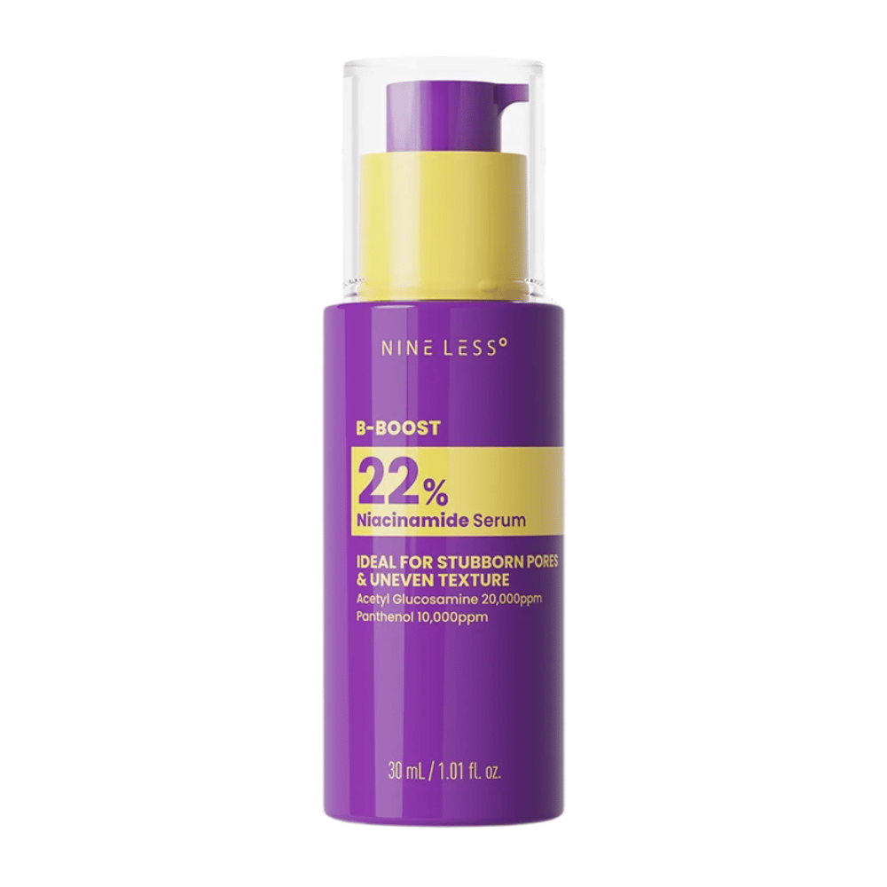 7. NINE LESS B-Boost 22% Niacinamide Serum 30 ml – frasco roxo com bomba doseadora com 22% de niacinamida para textura irregular da pele