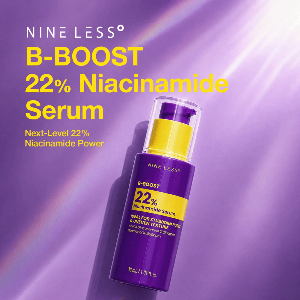 6. NINE LESS B-Boost 22% Niacinamide Serum – frasco de sérum roxo com rótulo amarelo para poros visíveis