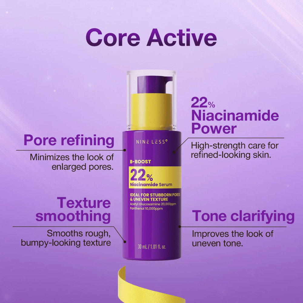4. NINE LESS B-Boost 22% Niacinamide Serum – sérum concentrado com 22% de niacinamida para poros e tom de pele irregular