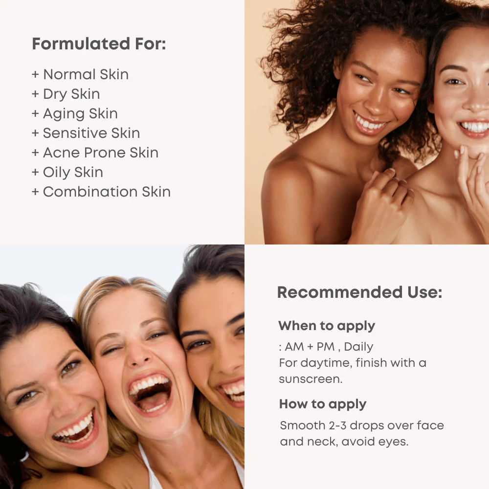Informações do produto para B-Boost 10% Niacinamide Serum, incluindo recomendações de uso e tipos de pele.