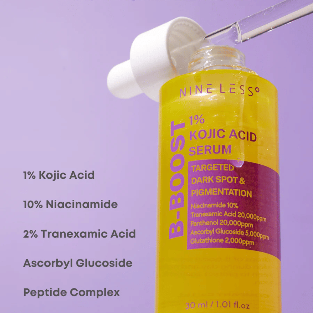 B-Boost 1% Kojic Acid Serum em frascos com conta-gotas, para manchas escuras e pigmentação.