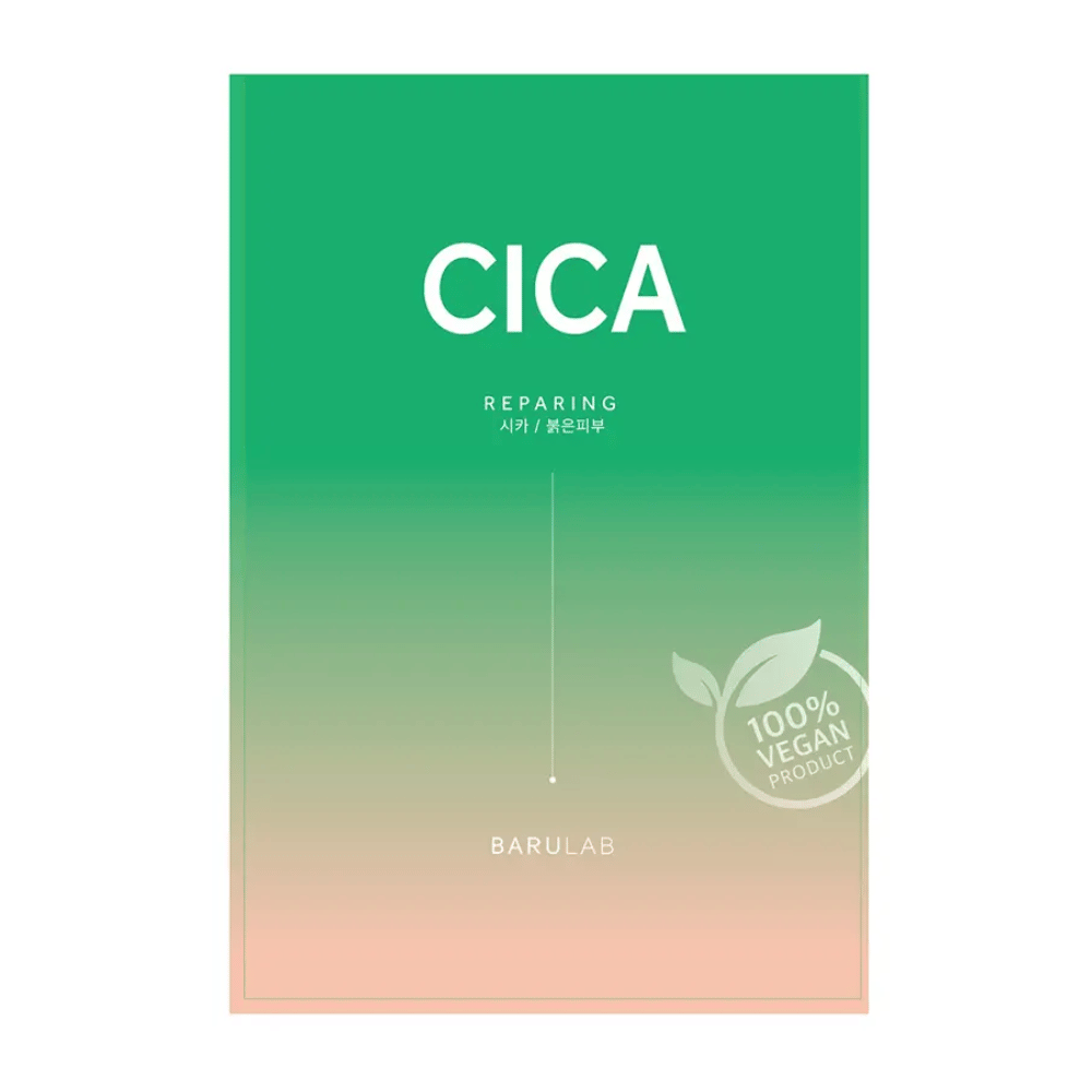 Uma embalagem de BARULAB para uma máscara "CICA Repairing", notada como "Produto 100% Vegano". A embalagem tem uma cor gradiente que vai do verde escuro para tons mais claros em direção ao fundo.