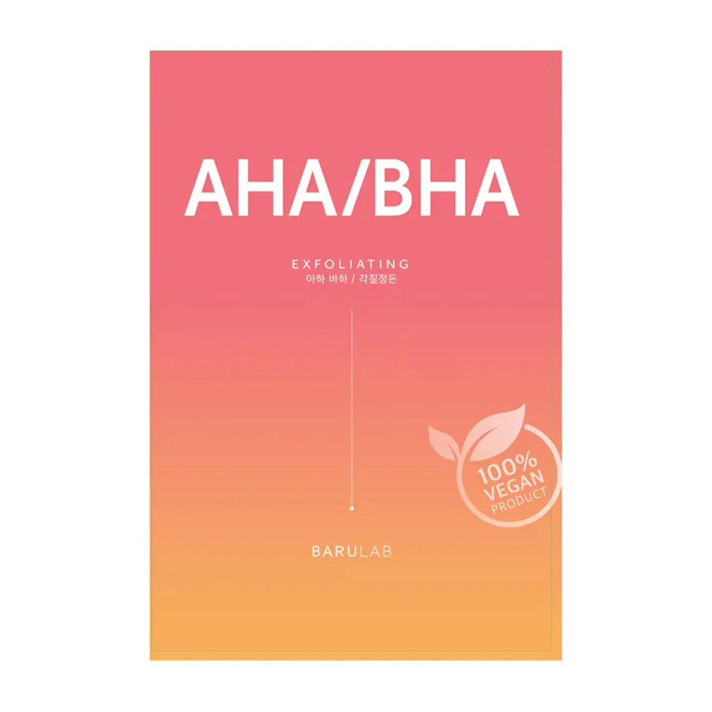 Uma embalagem de produto BARULAB para uma máscara "AHA/BHA Exfoliating", notada como "Produto 100% Vegano". A embalagem muda de cor de vermelho para amarelo.