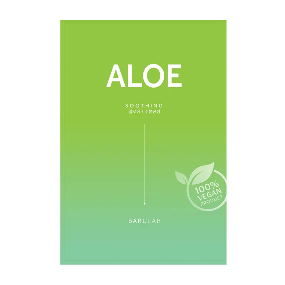 Uma embalagem do produto BARULAB "Aloe Soothing" máscara, que também é marcada como "100% Produto Vegano". A embalagem é uniformemente verde-clara na cor.