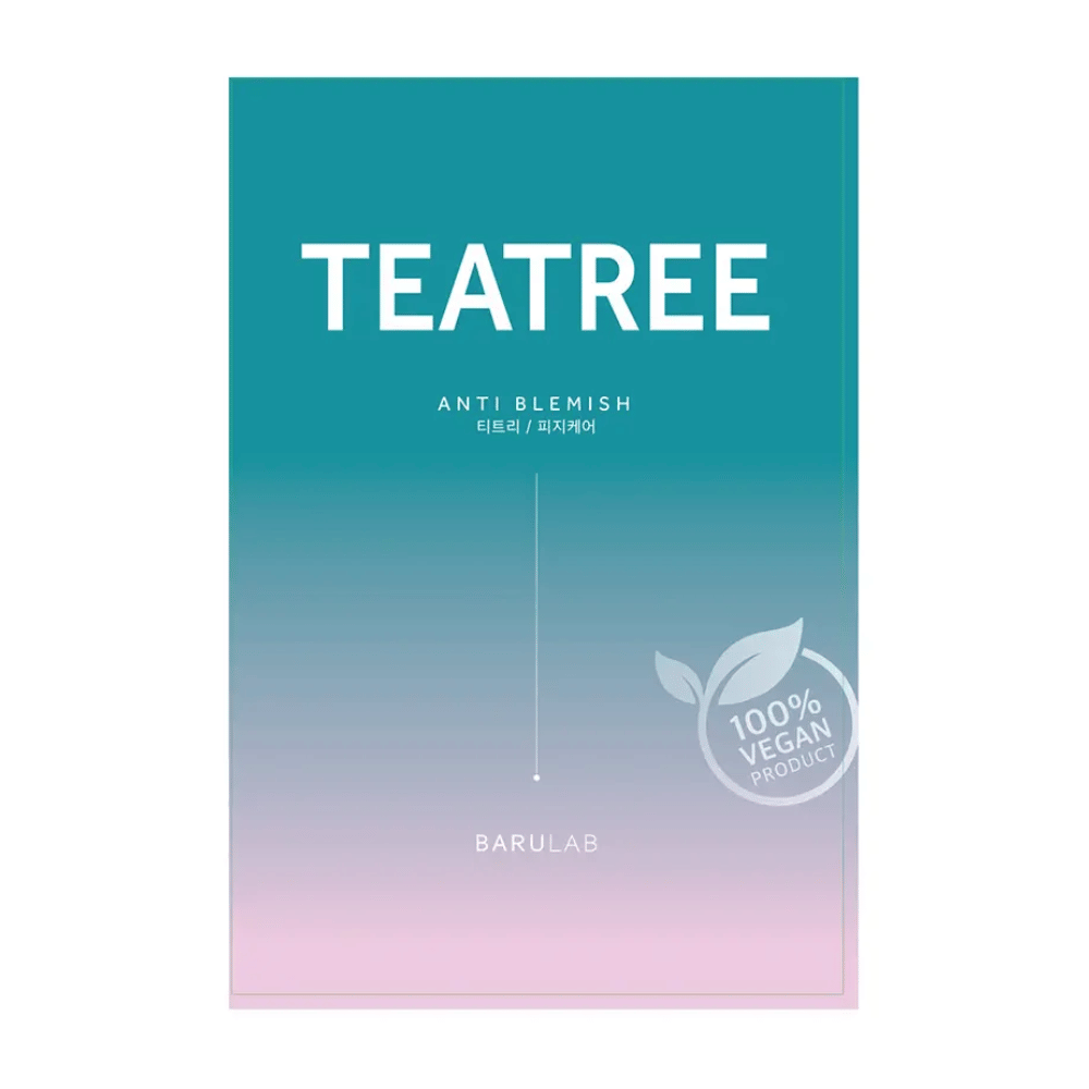 Uma embalagem de BARULAB máscara "TEATREE Anti Blemish", marcada como "Produto 100% Vegano". A embalagem tem um gradiente de cor de turquesa no topo para rosa claro na parte inferior.