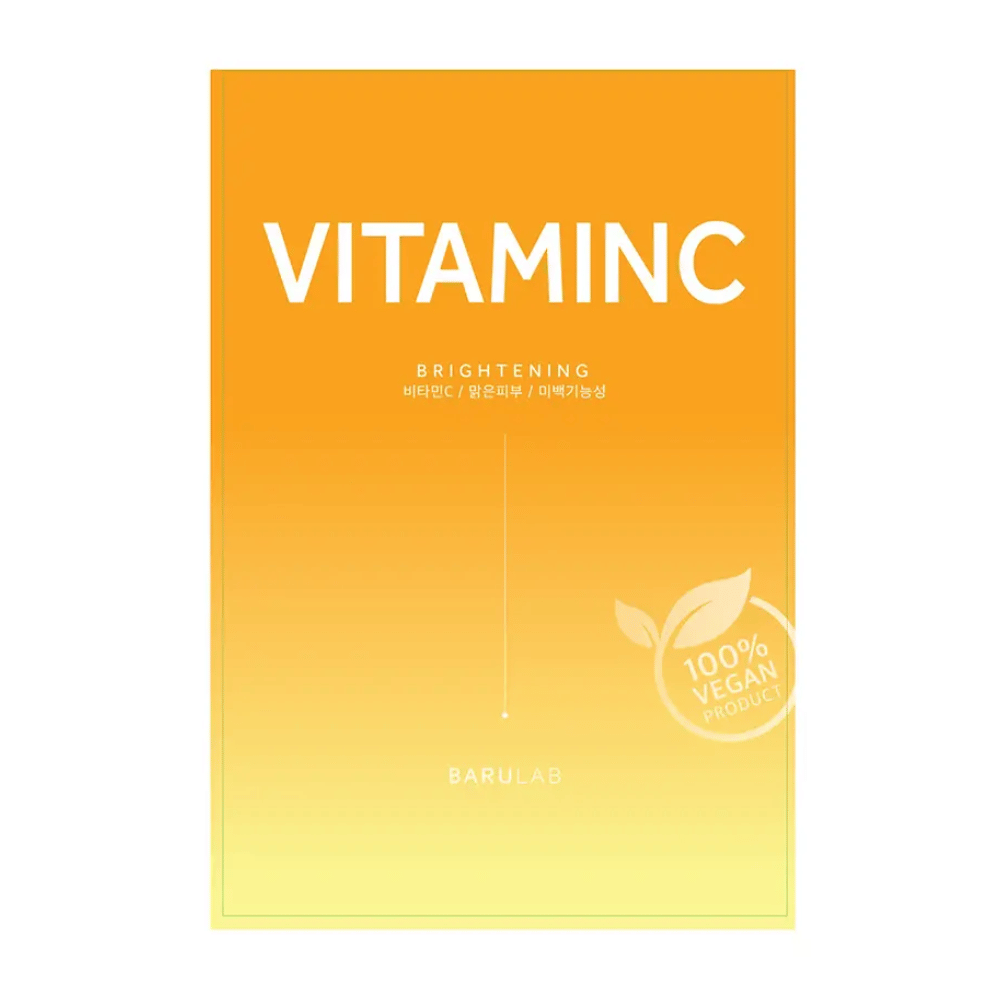 Uma embalagem de máscara "VITAMINC Brightening" BARULAB, marcada como "Produto 100% Vegano". A embalagem tem um gradiente de cor do laranja no topo ao amarelo claro na parte inferior.