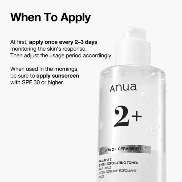 Anua BHA 2% Gentle Exfoliating Toner com ceramidas – instrução de uso, toner esfoliante para pele sensível com BHA (ácido salicílico)