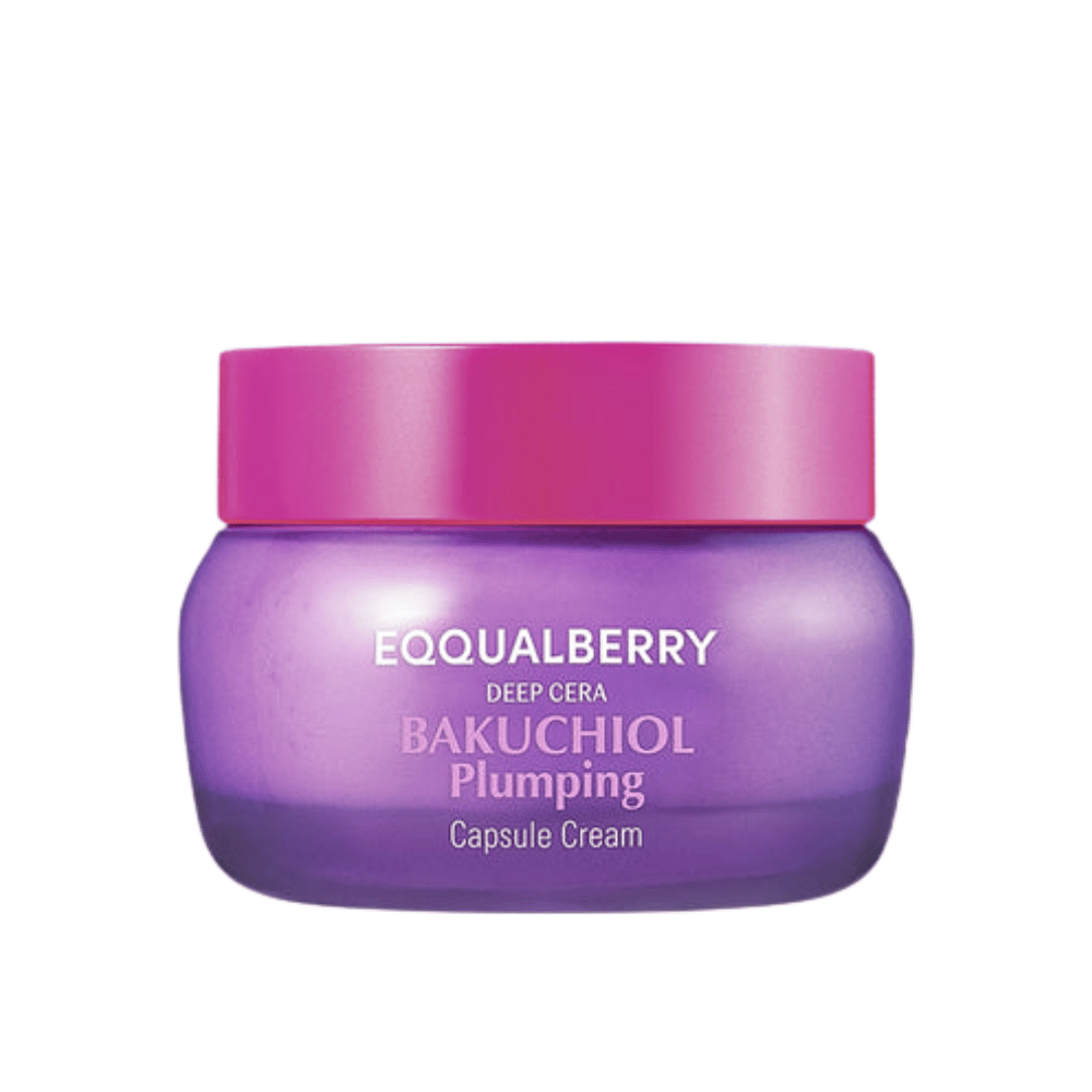 Imagem do produto de EQQUALBERRY Bakuchiol Plumping Capsule Cream em pote roxo com tampa rosa – hidratação intensa e efeito anti-idade.