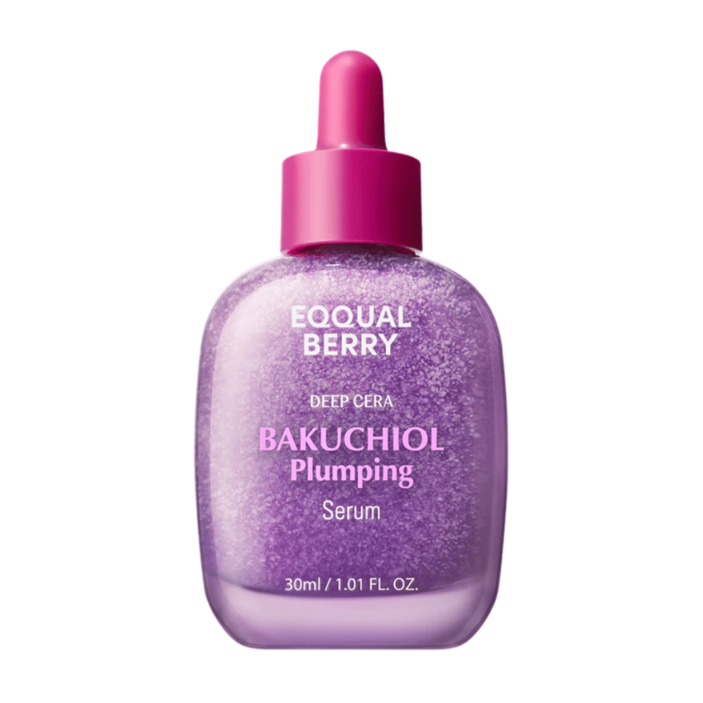 Equal Berry Bakuchiol Plumping Serum em uma garrafa cintilante roxa com pipeta rosa. Sérum hidratante e reafirmante para uma pele radiante.