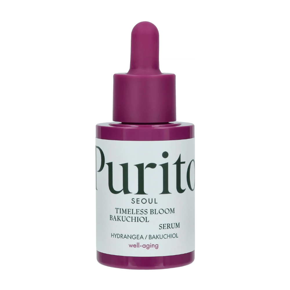 Purito Timeless Bloom Bakuchiol Serum é um produto perfeito para o envelhecimento saudável que combina hortênsia e bakuchiol para melhorar a elasticidade da pele e reduzir linhas visíveis. Suave e eficaz para todos os tipos de pele, sem causar irritação.
