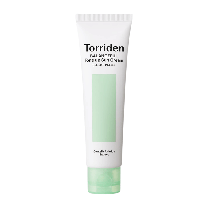 Torriden Imagem do produto Balanceful Tone Up Sun Cream SPF50+ PA++++ sobre fundo branco com Centella Asiatica para cuidado calmante e proteção UV diária.