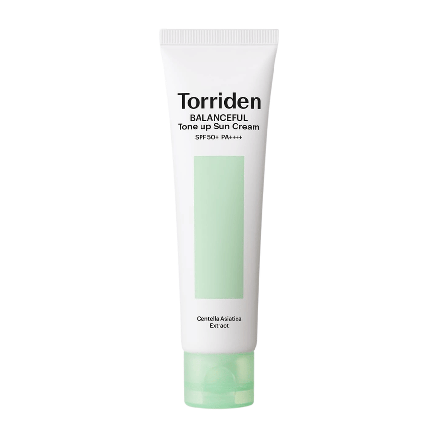 Torriden Imagem do produto Balanceful Tone Up Sun Cream SPF50+ PA++++ sobre fundo branco com Centella Asiatica para cuidado calmante e proteção UV diária.