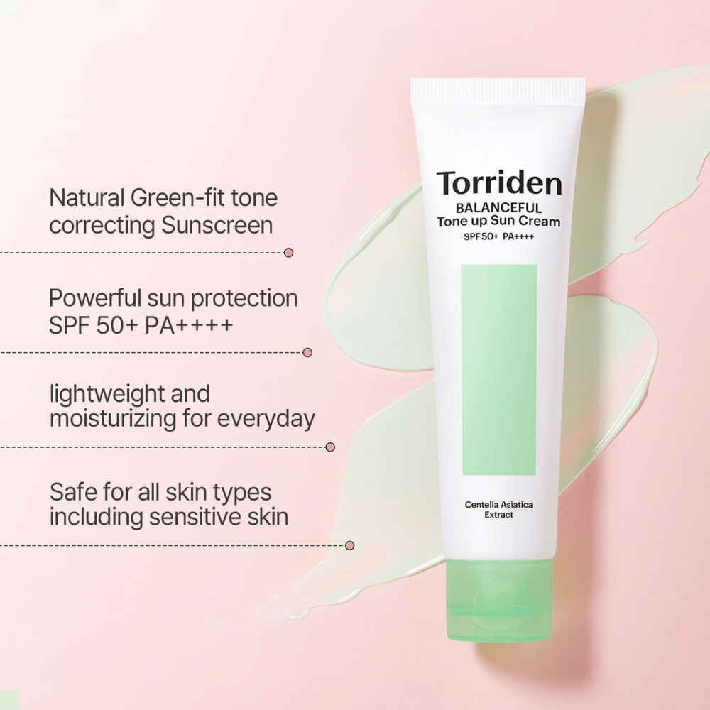 Torriden Balanceful Tone Up Sun Cream SPF50+ PA++++ com efeito tone-up corretor de cor verde que ajuda a uniformizar a vermelhidão e a dar luminosidade natural.
