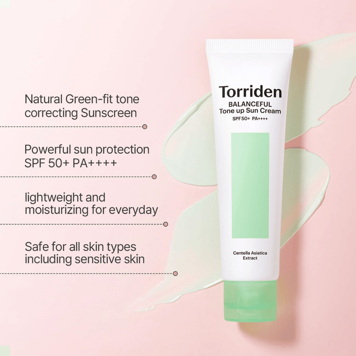 Torriden Balanceful Tone Up Sun Cream SPF50+ PA++++ com efeito tone-up corretor de cor verde que ajuda a uniformizar a vermelhidão e a dar luminosidade natural.