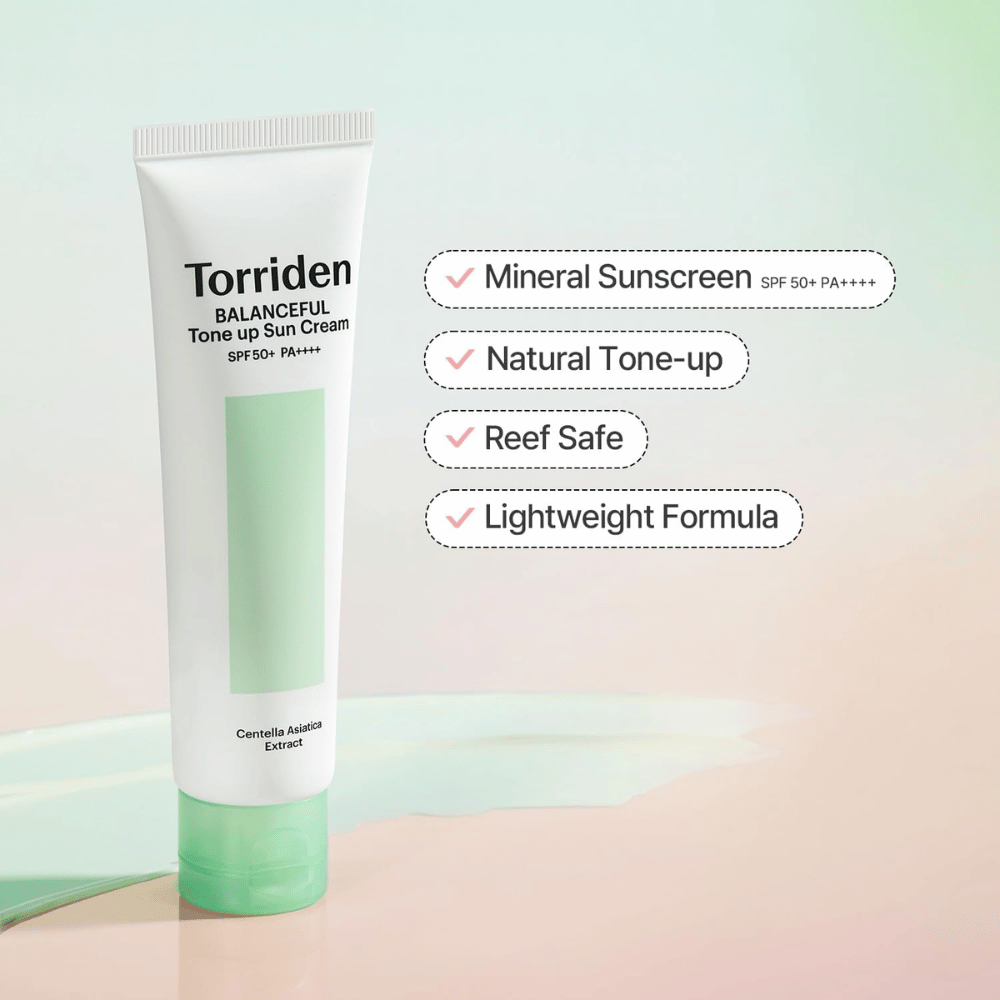 Torriden Balanceful Tone Up Sun Cream SPF50+ PA++++ apresentado com foco em proteção solar de base mineral, efeito tone-up natural, fórmula reef safe e textura leve.