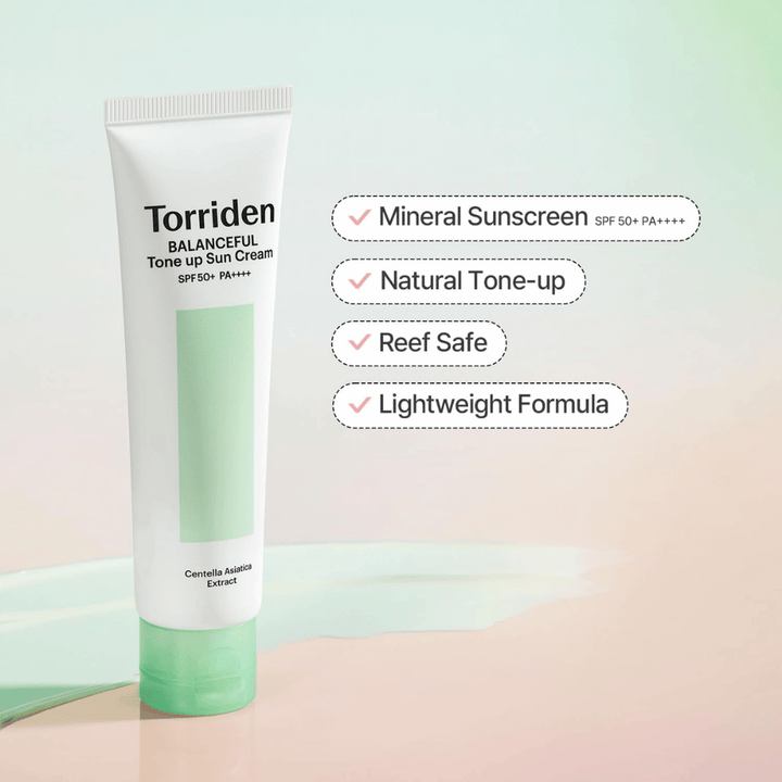 Torriden Balanceful Tone Up Sun Cream SPF50+ PA++++ apresentado com foco em proteção solar de base mineral, efeito tone-up natural, fórmula reef safe e textura leve.