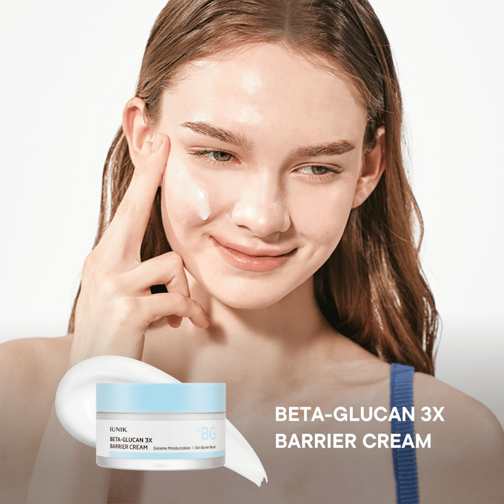 iUNIK Beta-Glucan 3X Barrier Cream aplica-se na pele para hidratação profunda e reforço da barreira cutânea
