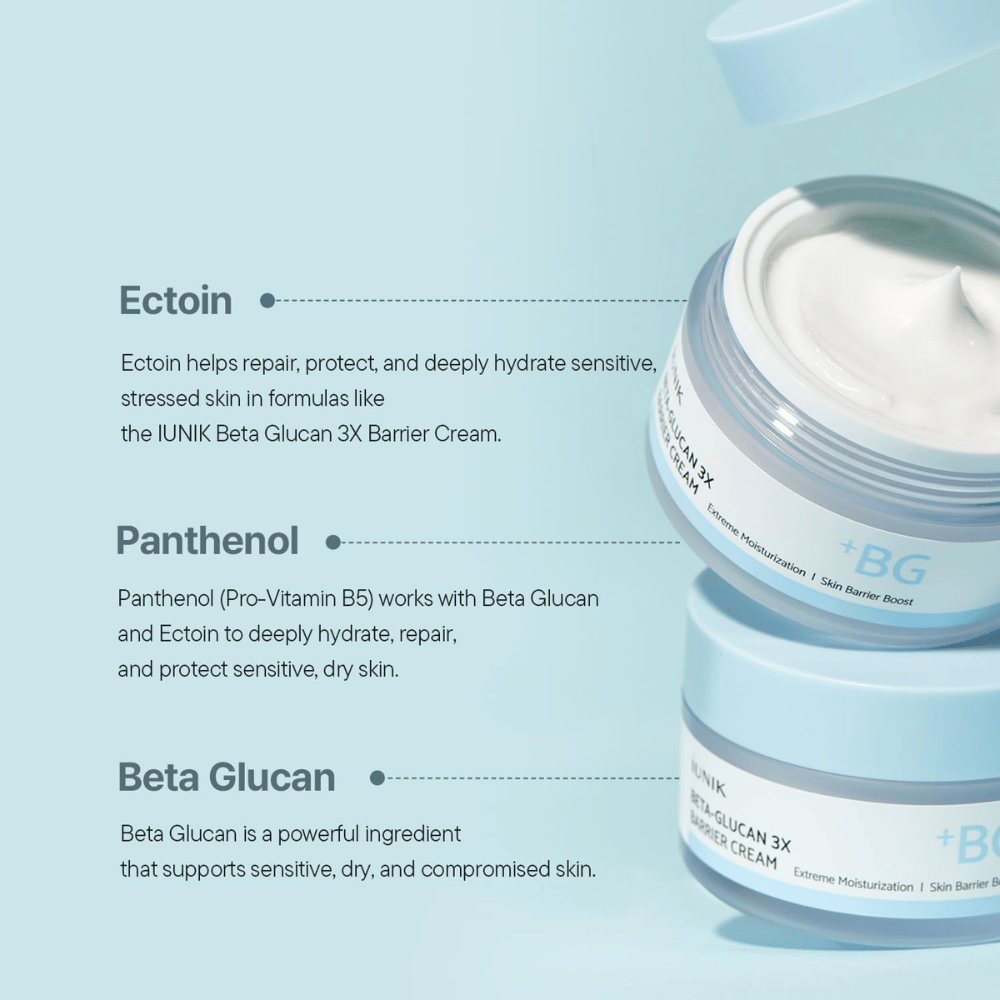 iUNIK Beta-Glucan 3X Barrier Cream com beta-glucano, ectoína e pantenol para hidratação intensa e reforço da barreira cutânea