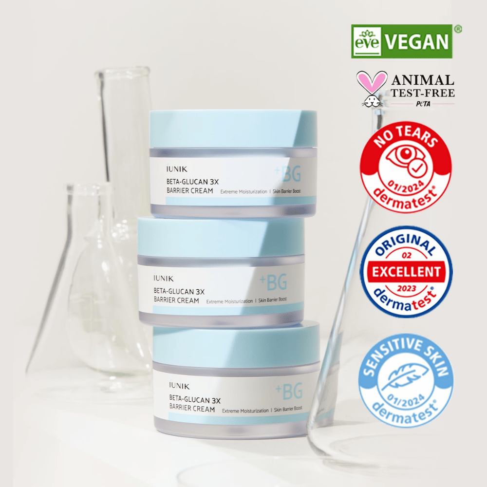iUNIK Beta-Glucan 3X Barrier Cream com fórmula vegan e creme de barreira dermatologicamente testado para pele sensível