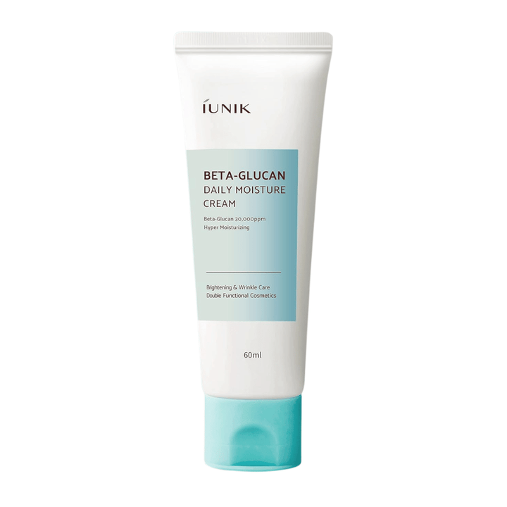 Imagem de produto recortada de iUNIK Beta-Glucan Daily Moisture Cream 60 ml. O design da bisnaga e o nome do produto são apresentados de forma clara sobre um fundo neutro, proporcionando uma apresentação de produto limpa e profissional.