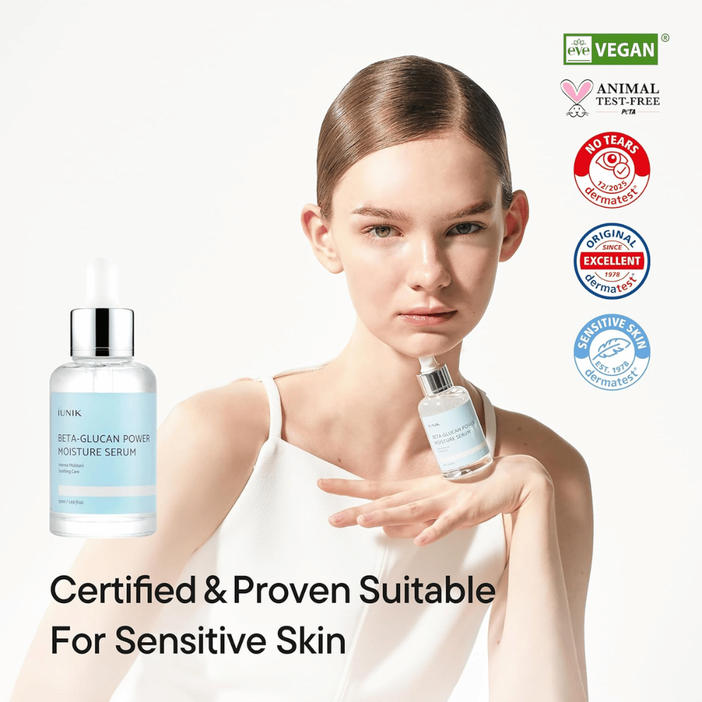iUNIK Beta-Glucan Power Moisture Serum – sérum vegano e cruelty-free que é adequado para pele sensível e fortalece a barreira cutânea