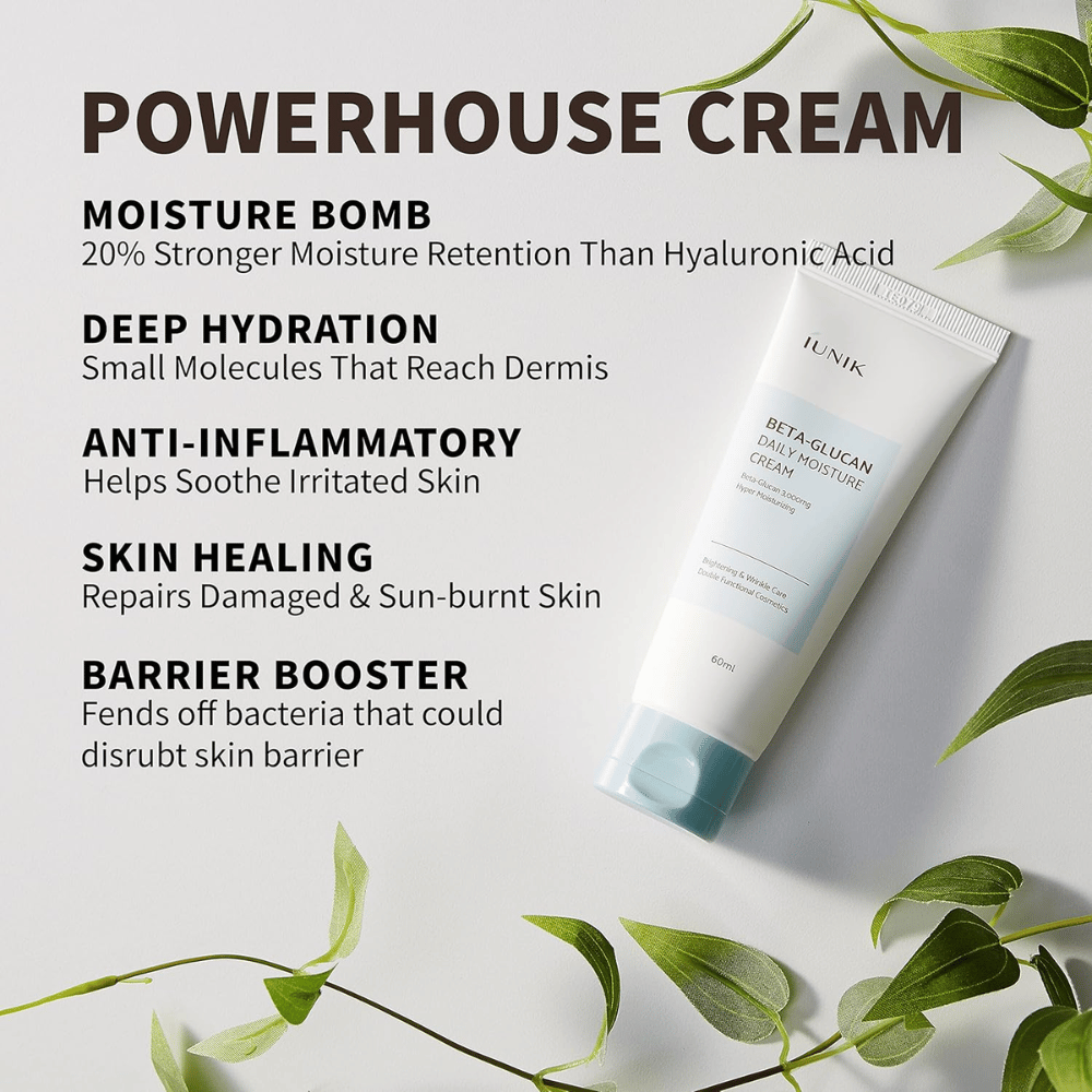 Imagem de produto com foco nas principais vantagens de iUNIK Beta-Glucan Daily Moisture Cream. A imagem destaca hidratação intensa, hidratação profunda, propriedades calmantes, apoio à barreira cutânea e cuidado da pele seca ou irritada.