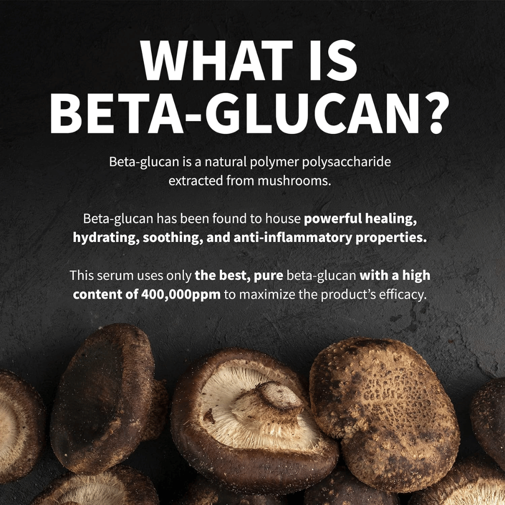 Imagem informativa que explica o que é o beta-glucano. A imagem mostra cogumelos como fonte de matéria-prima e descreve o beta-glucano como um ingrediente com propriedades hidratantes, calmantes e de cuidado da pele.