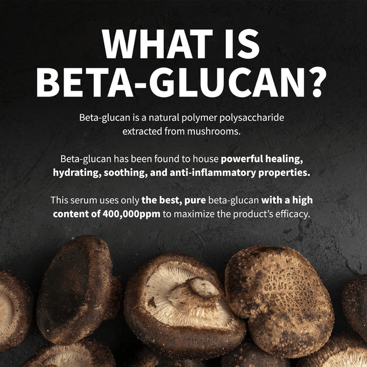 Imagem informativa que explica o que é o beta-glucano. A imagem mostra cogumelos como fonte de matéria-prima e descreve o beta-glucano como um ingrediente com propriedades hidratantes, calmantes e de cuidado da pele.