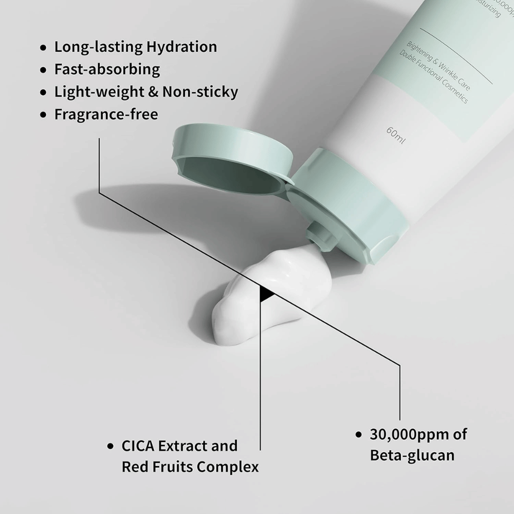 Imagem aproximada de iUNIK Beta-Glucan Daily Moisture Cream onde o creme é pressionado para fora da bisnaga. A imagem destaca a consistência leve do produto e propriedades importantes como hidratação de longa duração, absorção rápida, sensação não pegajosa, fórmula sem perfume, beta-glucano, bem como ingredientes calmantes como extrato de CICA.