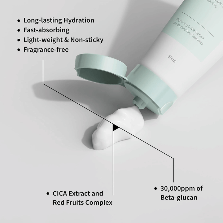 Imagem aproximada de iUNIK Beta-Glucan Daily Moisture Cream onde o creme é pressionado para fora da bisnaga. A imagem destaca a consistência leve do produto e propriedades importantes como hidratação de longa duração, absorção rápida, sensação não pegajosa, fórmula sem perfume, beta-glucano, bem como ingredientes calmantes como extrato de CICA.
