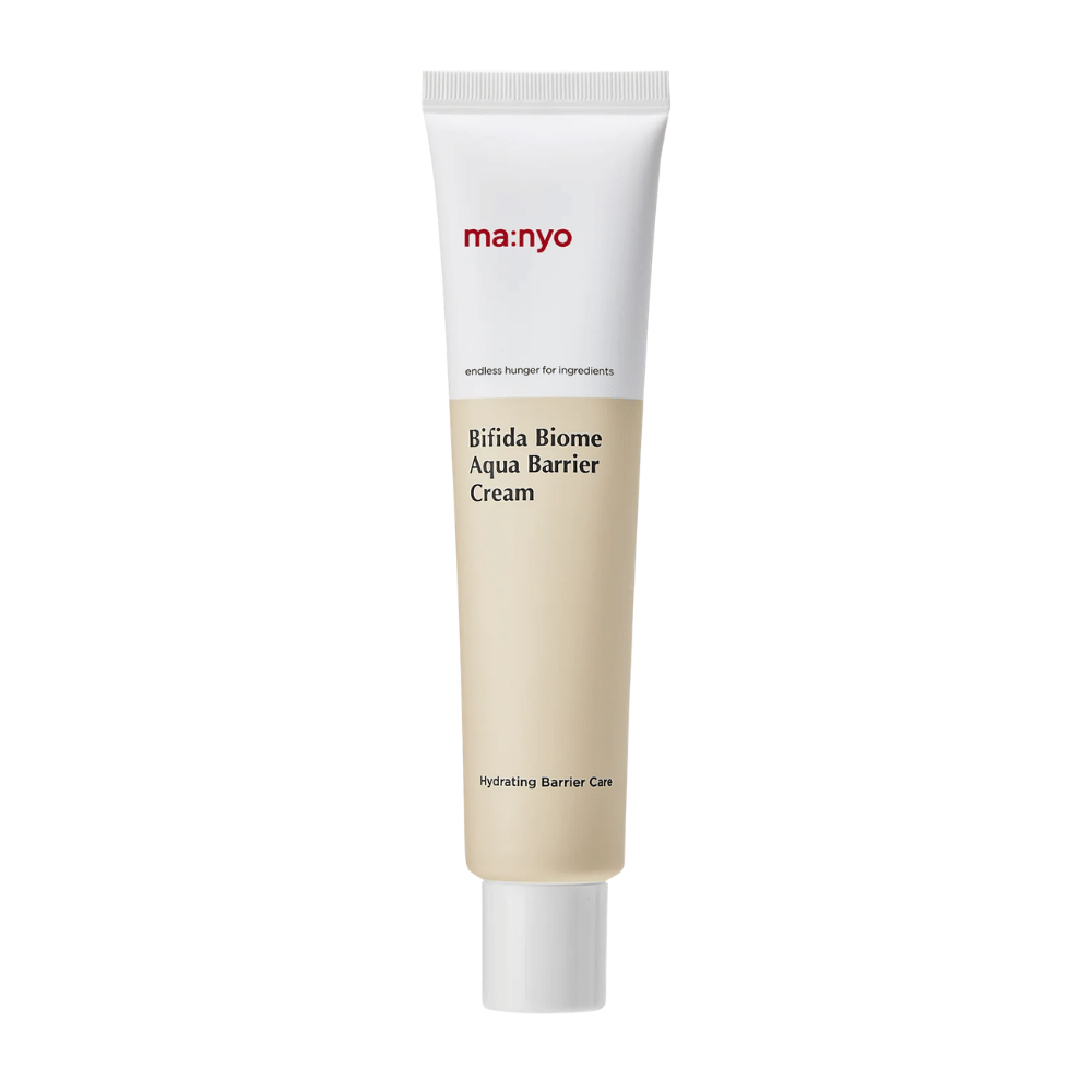 5. Ma:nyo Bifida Biome Aqua Barrier Cream – creme facial leve e hidratante que reforça a barreira cutânea em tubo branco e bege