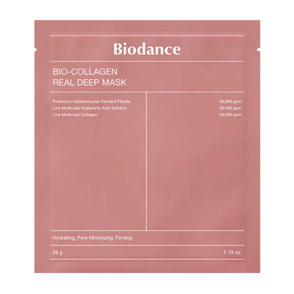 A imagem mostra Bio-Collagen Real Deep Mask de Biodance, embalado em rosa suave. O texto detalha ingredientes como probióticos, filtrado de fermento de galactomyces, ácido hialurônico e colágeno, com efeitos de hidratação, redução de poros e firmeza.