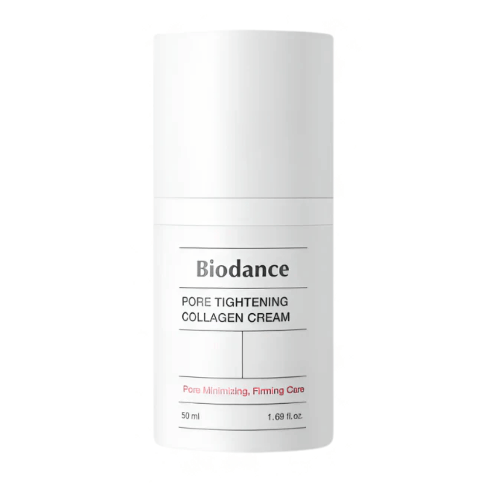 Biodance Pore Tightening Collagen Cream em embalagem branca simples com design minimalista, 50 ml.