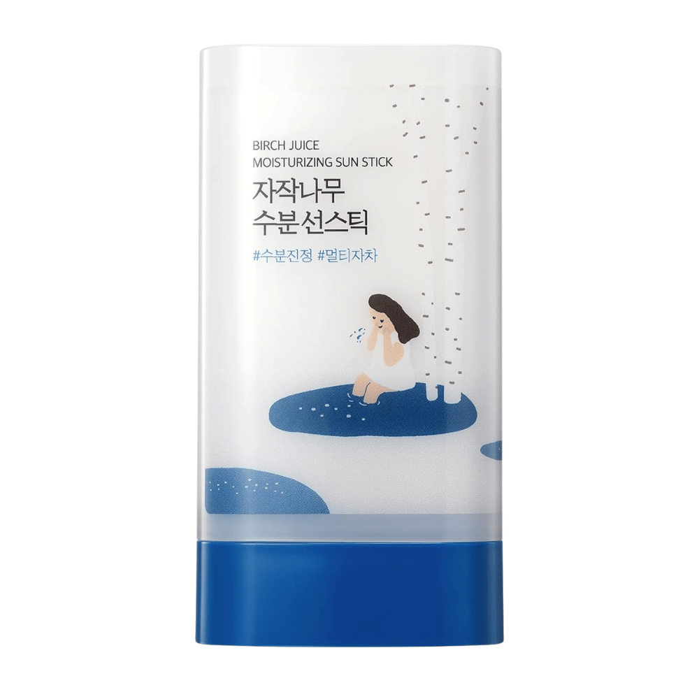 Close-up de ROUND LAB Birch Juice Moisturizing Sun Stick com design e embalagem em branco e azul