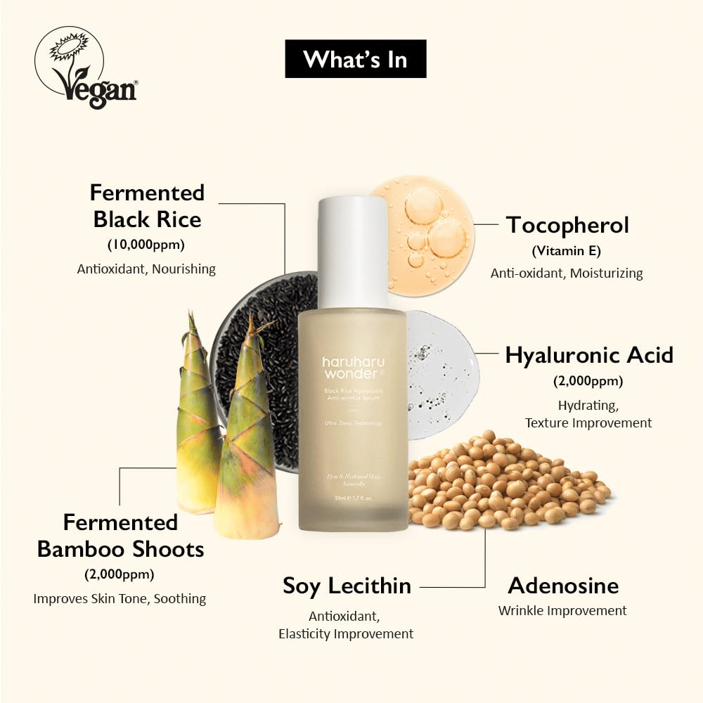 Haruharu Wonder Black Rice Hyaluronic Anti-Wrinkle Serum com arroz preto fermentado, ácido hialurónico e vitamina E